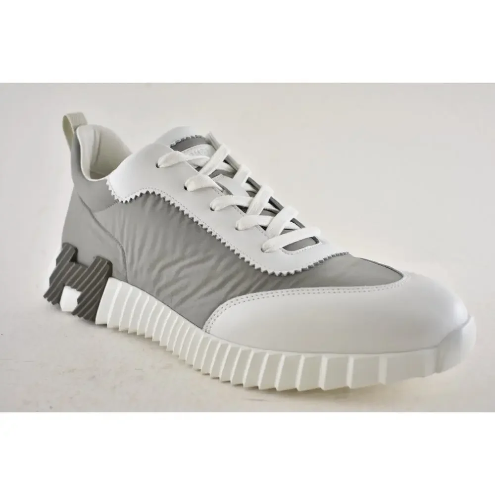 Hermes Mens Bouncing Sneaker Etoupe Blanc White Grey H Logo Lace Up Flat 44 11 - Picture 4 of 16